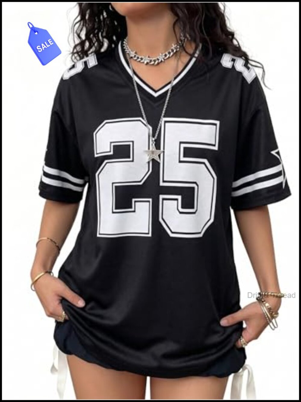 Oversized V Neck Jersey Graphic Tee Drop Shoulder Streetwear Summer Top